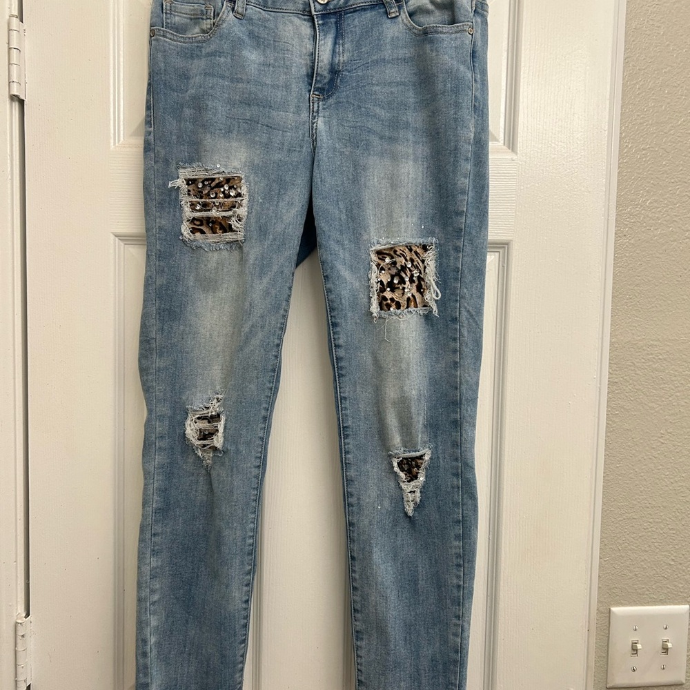 bebe Blue Distressed Boyfriend Jeans with Leopard Details